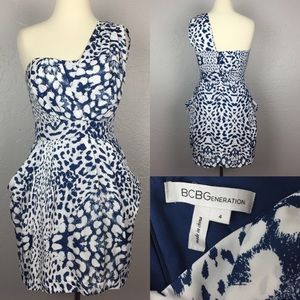 BCBGeneration Blue Animal Print One Shoulder Dress